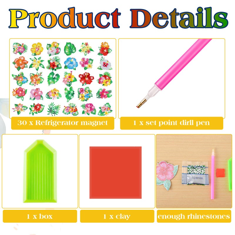 Remuuly 30 Pcs Diamond Painting Magnets Summer Diamond Art Magnet Kits for Adults Spring Flower Animal Cupcake 5D Rhinestones Refrigerator Magnetic Stickers for Fridge DIY Crafts Gifts(Hibiscus) - Image 5