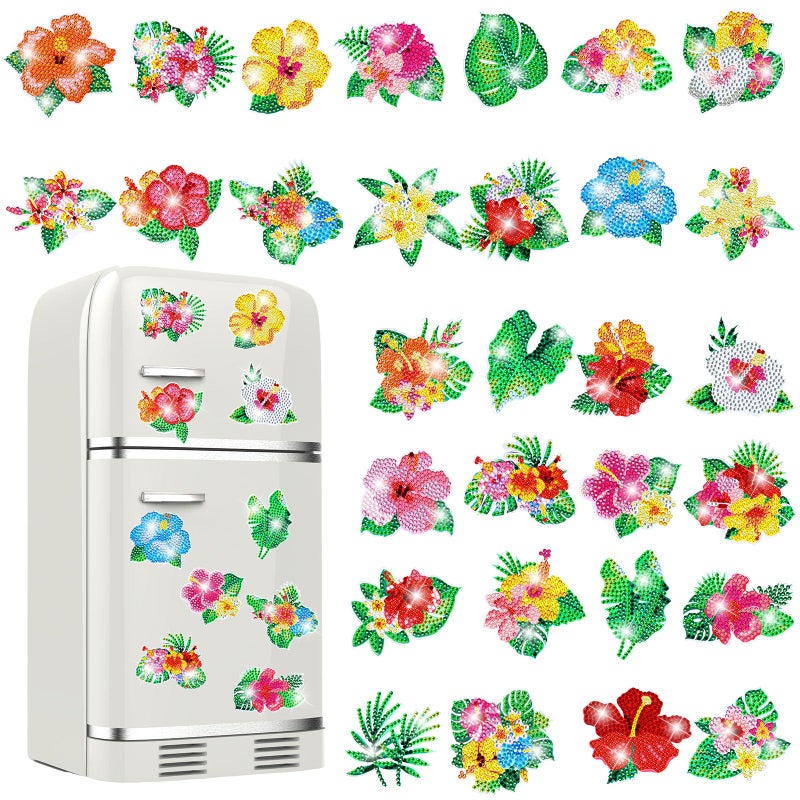 Remuuly 30 Pcs Diamond Painting Magnets Summer Diamond Art Magnet Kits for Adults Spring Flower Animal Cupcake 5D Rhinestones Refrigerator Magnetic Stickers for Fridge DIY Crafts Gifts(Hibiscus) - Image 1