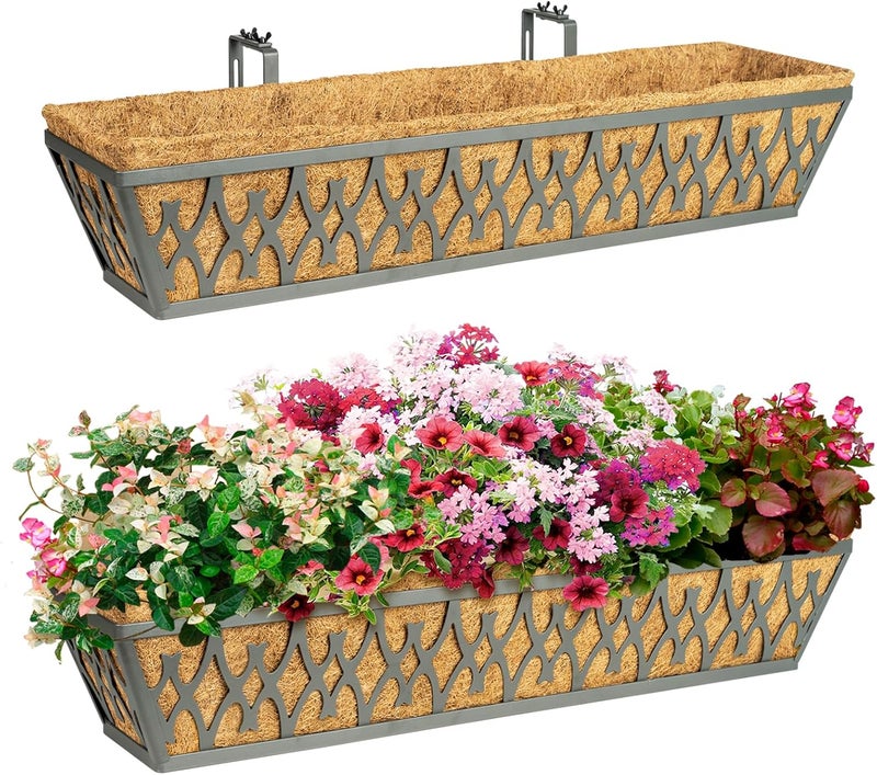 Karlliu 2 Pack 30 Inch Window Boxes Planters Railing Planter Box with Adjustable Brackets for Porch Fence Patio Balcony Hanging Flower Baskets with Coco Liners for Outdoor Garden Decor - Dark Grey - Image 1