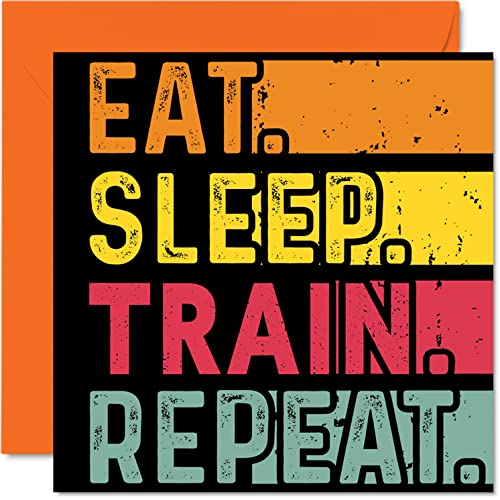 Stuff4 Birthday Card Funny for Her or Him - Eat, Sleep, Train, Repeat - Happy Birthday Cards for Workout Fitness Lovers Gifts, 5.7 x 5.7 Inch Birthday Greeting Cards for All Occasions Kids or Adult - Image 1