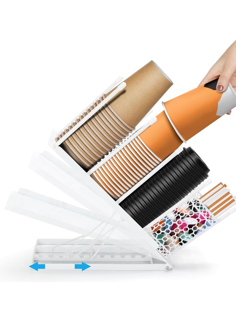 Mmmon Coffee Cup Holder for Countertop, Adjustable Cupand Lid Holder with Straw Organizer, Metal Coffee CupDispenser, 4 Compartment Paper,Plastic Cup Organizer withCoffee Pod Holder,White.