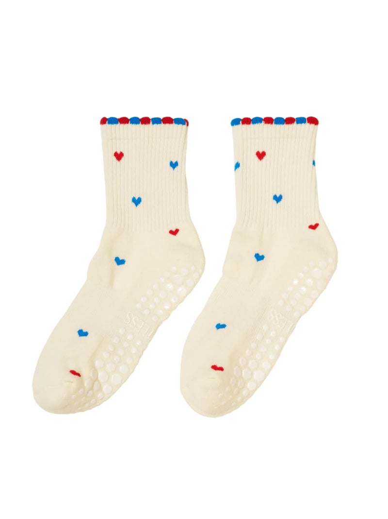 Shapes Studio Half Calf Grip Socks, Cute Fruit Pilates Socks, Ruffle Socks, Non-Slip for Barre Yoga (US, Numeric, 5, 10, Regular, Regular, Mini Hearts USA, Effortless Club) - Image 1