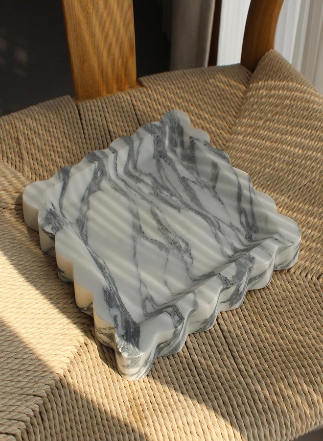 Nawgnail Natural Luxury Marble Tray with Scalloped Edge, Handmade Square Decorative Tray, Catch All Tray for Counter, Dresser, Nightstand and Home Décor - Image 3