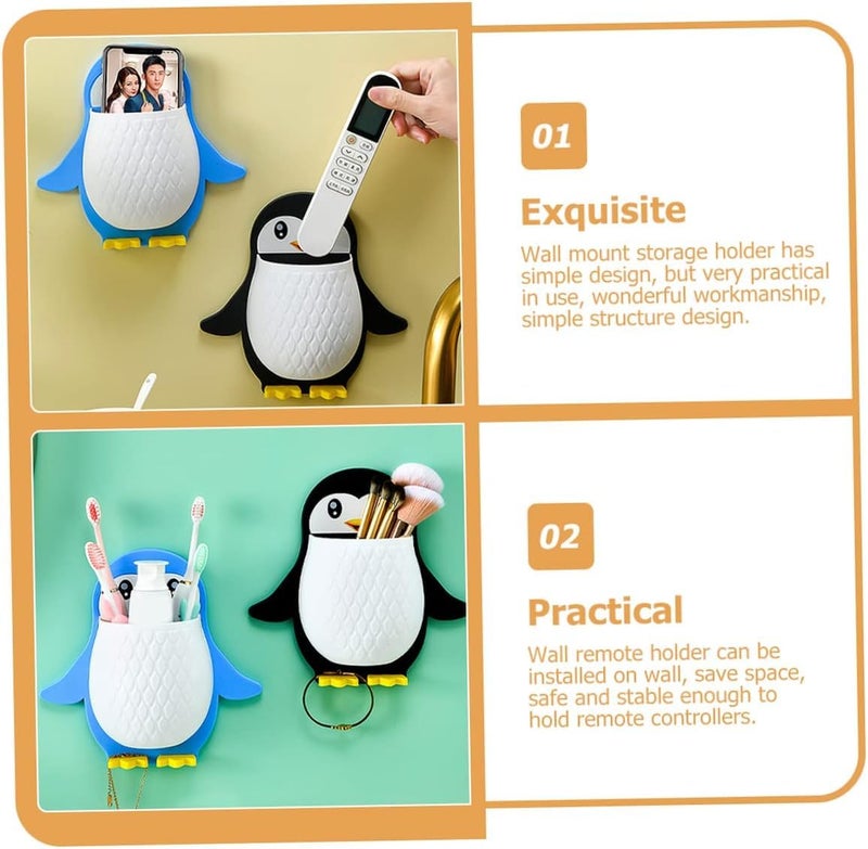 TENDULA Toothbrush Holder, Plastic Wall Mounted Penguin Shape Storage Organizer for Bathroom with Self Adhesive Stick Multipurpose Wall Shelves - (2 Pices- Multicolor) - Image 5