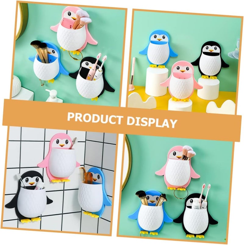 TENDULA Toothbrush Holder, Plastic Wall Mounted Penguin Shape Storage Organizer for Bathroom with Self Adhesive Stick Multipurpose Wall Shelves - (2 Pices- Multicolor) - Image 3