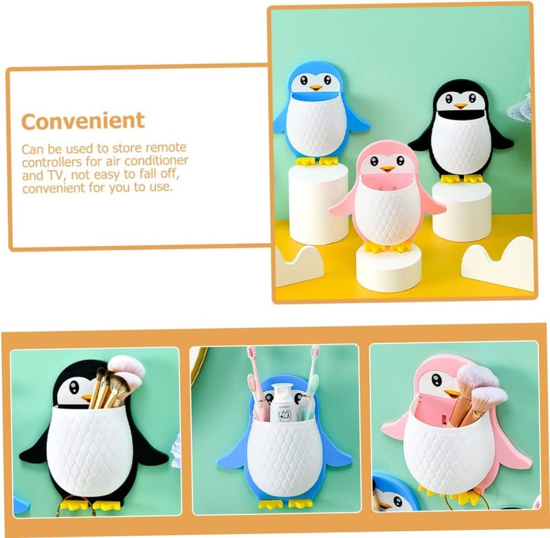 TENDULA Toothbrush Holder, Plastic Wall Mounted Penguin Shape Storage Organizer for Bathroom with Self Adhesive Stick Multipurpose Wall Shelves - (2 Pices- Multicolor) - Image 4