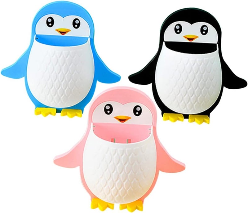 TENDULA Toothbrush Holder, Plastic Wall Mounted Penguin Shape Storage Organizer for Bathroom with Self Adhesive Stick Multipurpose Wall Shelves - (2 Pices- Multicolor) - Image 2