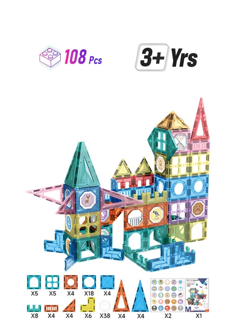 108pcs Magnetic Building Blocks, Magnetic Building Tiles with Cute Stickers, Ideal Early Development Toys for Toddlers - Image 1