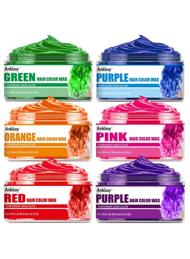 Ankooy 6 Pack Hair Color Wax, Temporary Natural Hair Coloring Mud for Men, Women, Kids - Daily, Party, Cosplay, Halloween DIY (Green, Orange, Pink, Purple, Red, Blue) - Image 1