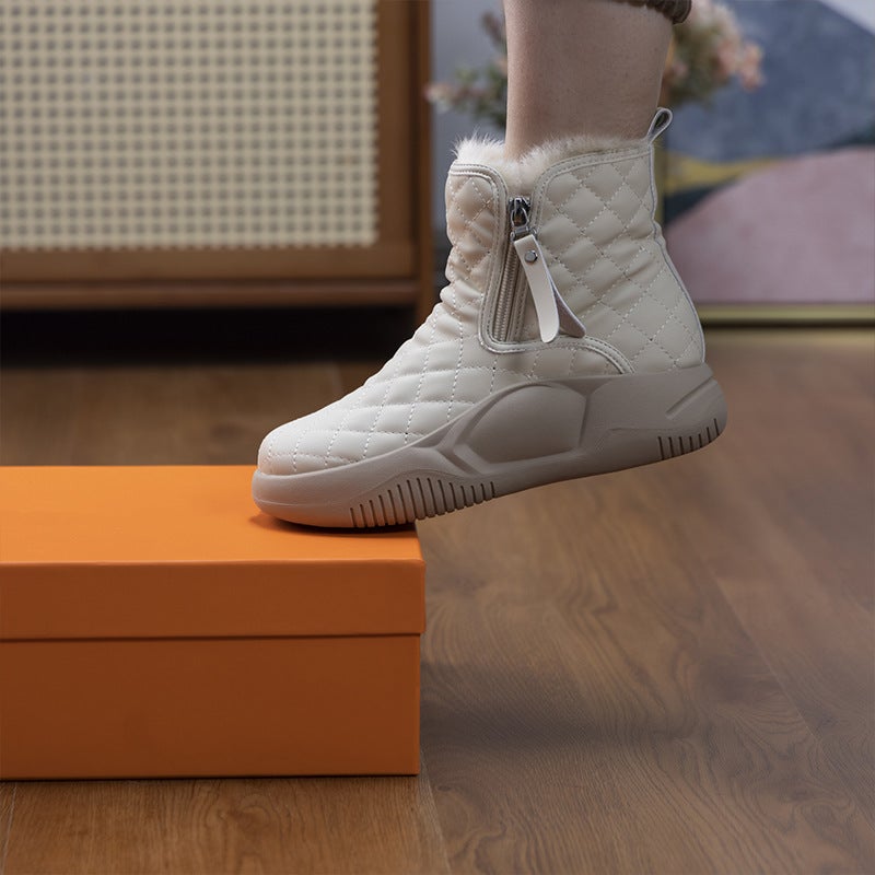 Fur snow boots for women 2023 new winter fleece-lined thickened bottom hot cotton boots warm bread cotton shoes Beige
