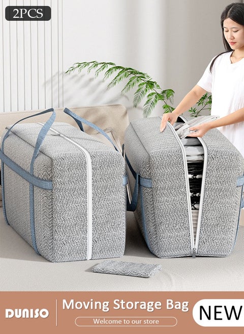 2 Pack Moving Storage Bag with Zipper, Large Capacity Multipurpose Clothes Organizing Storage Bag with Strong Handles, Folding Blanket Storage Bag for Bedroom Closet, Wardrobe, Moving, Quilt Storage