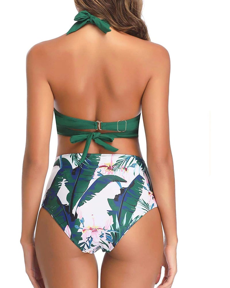 Tempt Me Women's Vintage Swimsuits Green Retro Halter Ruched High Waist Bikini with Bottom L - Image 5