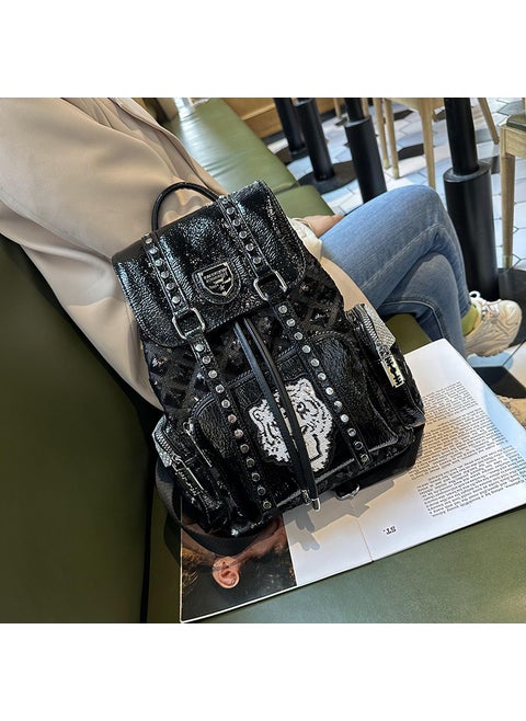 Shiny Sequin Womens Backpack Soft Leather Drawstring Travel Bag British Style Versatile Personality Trend 2023 Casual Leisure Black