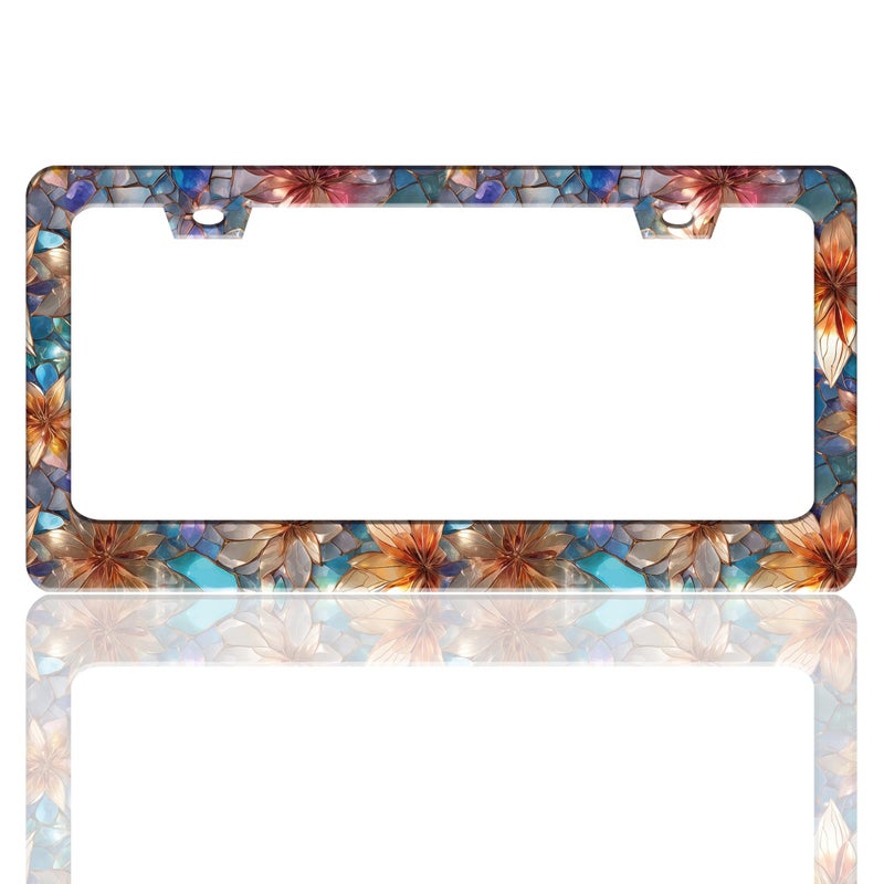 TINALUIN Beautiful Glass Flowers Pattern License Plate Frame Floral Stainless Steel License Plate Holder For Front And Rear Car Tags Funny For Car Decoration Accessories With Screws 6.3 X 12.2 In For Women Men - Image 1