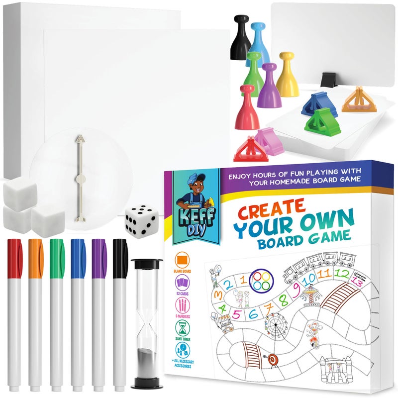 KEFF Make Your Own Board Game Set DIY Blank Game Board Kit with Game Pieces Blank Cards Dice Spinner Pawns More Fun Family Board Games for Kids Adults