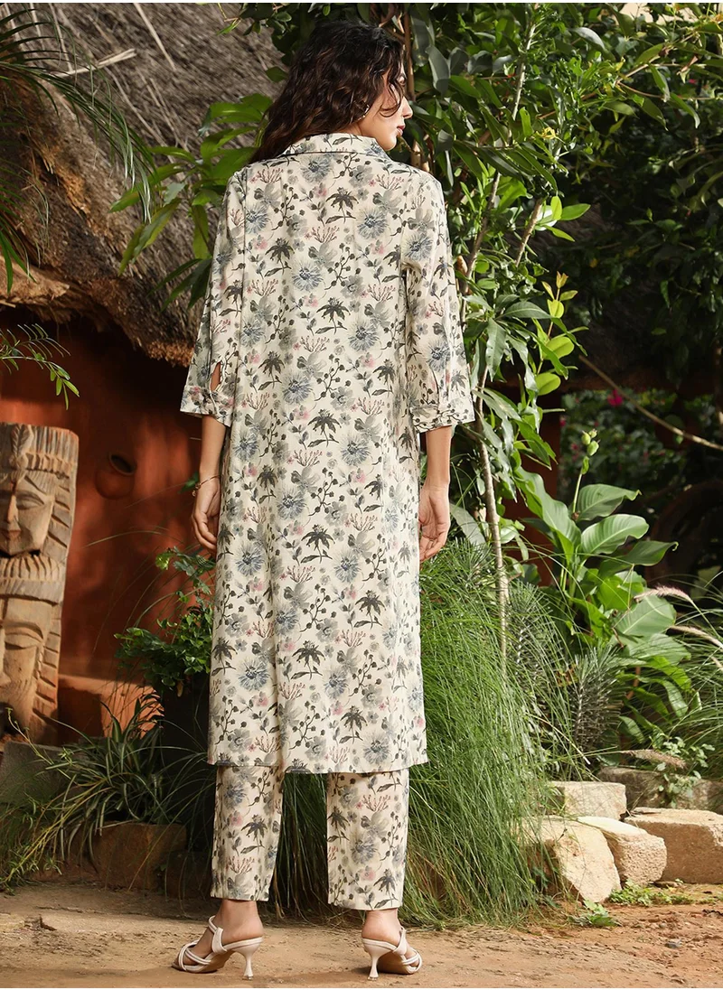  قصة Women's Cloud Grey & Off-White Faded Flora Co-Ord Set
