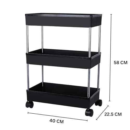 PULSBERY Multipurpose Plastic Trolley with Dish Rack for Kitchen Fruit Vegetable Storage Basket Modern Organizer - 3 Layer Stackable Shelf Cart Kitchenware Food, Snacks, Toys, Tiered Shelf (Black) - Image 2