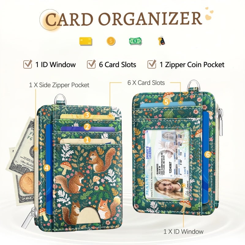 Kelvoris Cute Squirrels Credit Card Holder Small Wallet Women, Flowers Slim RFID Blocking Wallet Woman Keychain with Zipper Coin Pocket, Front Pocket Thin Travel Card Case with ID Window Ladies Gifts - Image 3