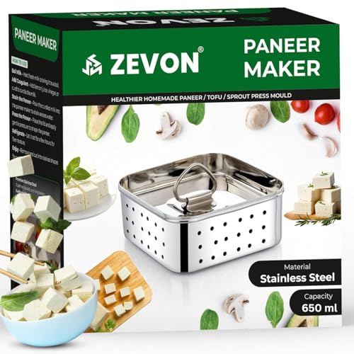 ZEVON Paneer Maker Steel - Paneer Maker Mould Press with Square Strainer | Stainless Steel Paneer and Tofu Making Machine | Fresh Paneer/Tofu/Sprout Press Mould for Kitchen Use (Square, 650ml) - Image 1
