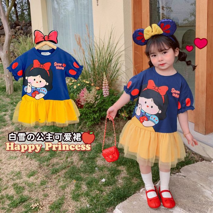 Girls Summer Stitching Mesh dress 2025 New Cartoon Western Style Short-sleeved T-shirt Skirt for Middle and Big Children Picture color 