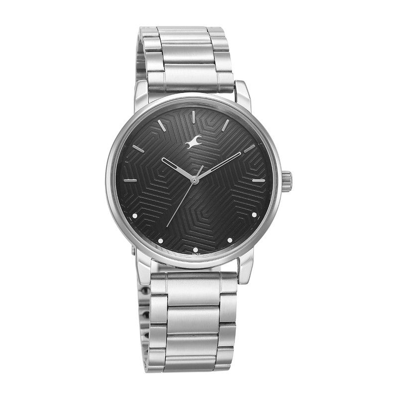 Fastrack Stunners Men Quartz Analog | Geometric Textured Black Dial with Silver Metal Strap | Sophisticated Polished Case - 3278SM05 - Image 4