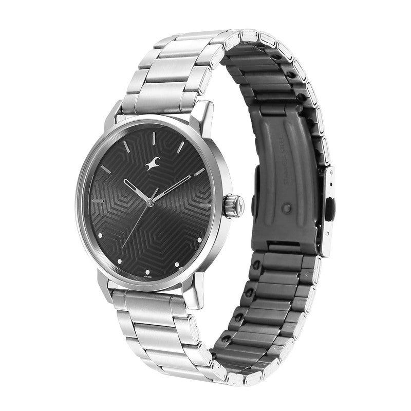 Fastrack Stunners Men Quartz Analog | Geometric Textured Black Dial with Silver Metal Strap | Sophisticated Polished Case - 3278SM05 - Image 5