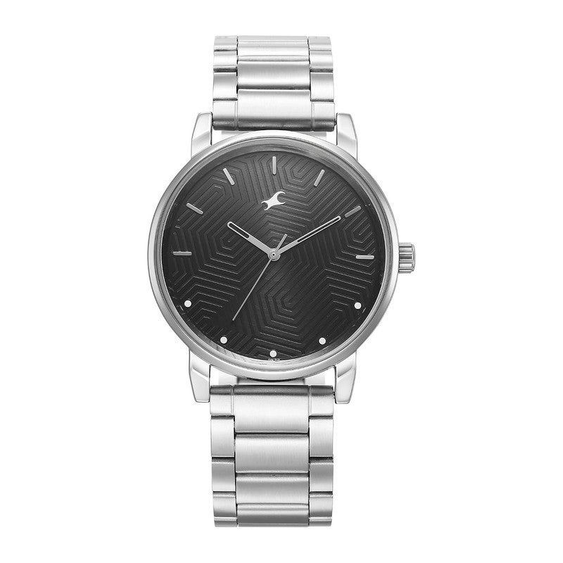 Fastrack Stunners Men Quartz Analog | Geometric Textured Black Dial with Silver Metal Strap | Sophisticated Polished Case - 3278SM05 - Image 1