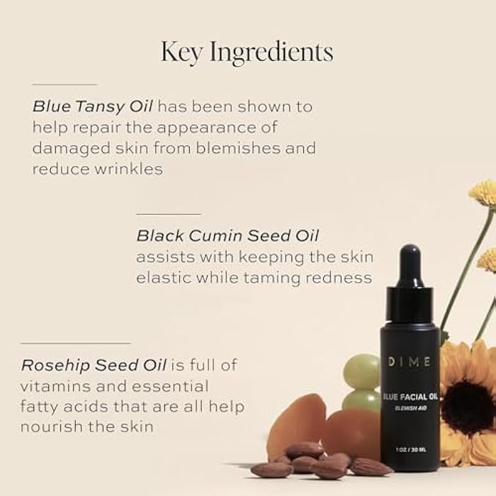 DIME Beauty Blue Facial Oil, 1 oz / 30 mL - Blemish Spot Treatment with Blue Tansy, Black Cumin Seed, Rosehip, and Grapeseed Oils - Image 2