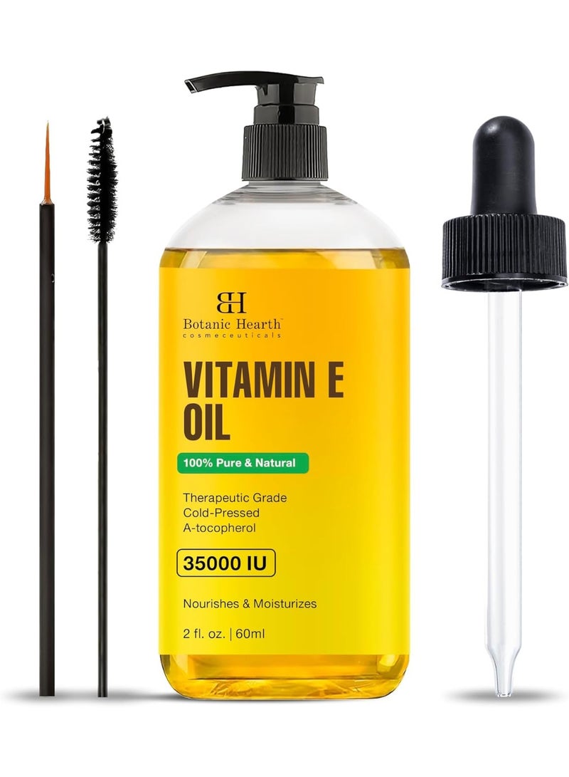 Botanic Hearth Vitamin E Oil | 100% Pure & Natural | 35,000 IU | Hair & Body Oil with Eyebrow & Eyelash Brush | 2 Fl Oz