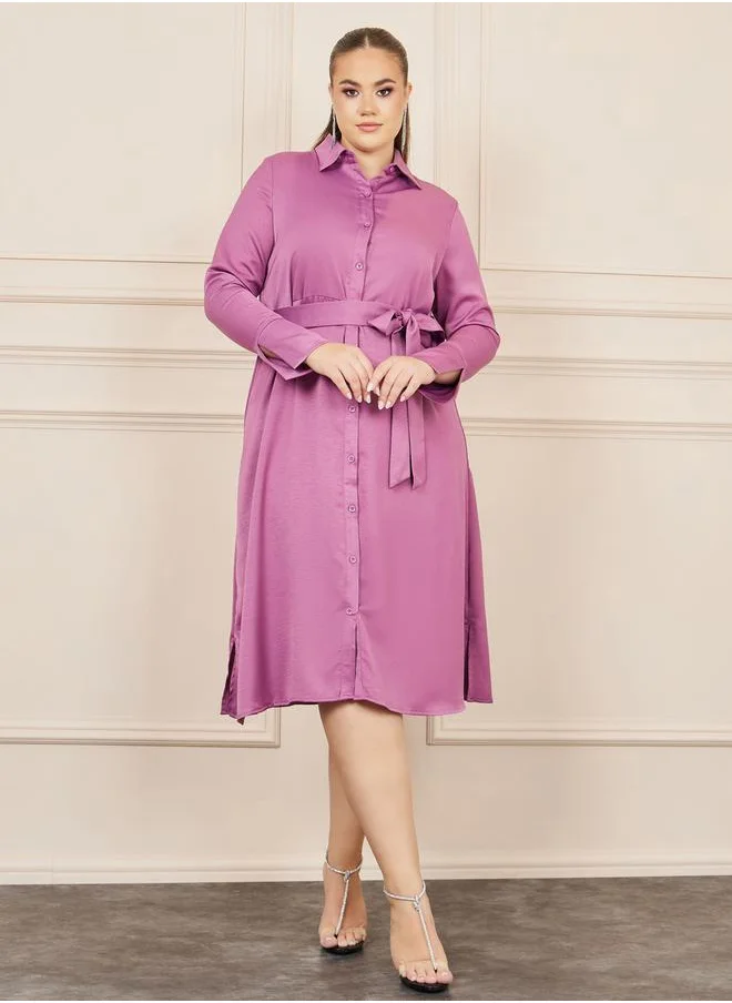 ستايلي Plus Satin Self Tie Up Shirt Midi Dress