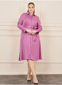 Styli Plus Satin Self Tie Up Shirt Midi Dress  - Image 1