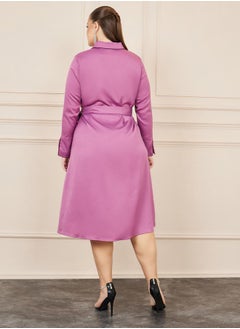 Styli Plus Satin Self Tie Up Shirt Midi Dress  - Image 4
