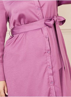 Styli Plus Satin Self Tie Up Shirt Midi Dress  - Image 3