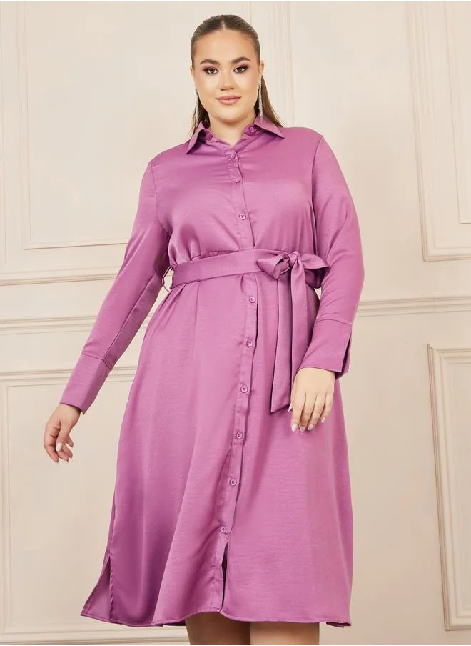 ستايلي Plus Satin Self Tie Up Shirt Midi Dress