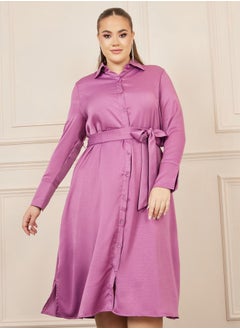 Styli Plus Satin Self Tie Up Shirt Midi Dress  - Image 2