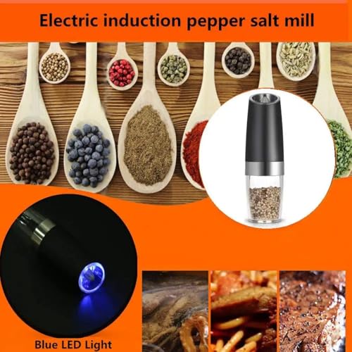 Cohpoh Electric Salt and Pepper Grinder Set, Gravity Sensor, Automatic Pepper Mill, One Hand Operation, Battery-Operated with Adjustable Coarseness, Blue Led Light (Black 2 Pack) - Image 4