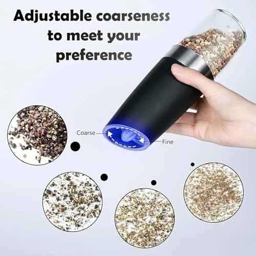 Cohpoh Electric Salt and Pepper Grinder Set, Gravity Sensor, Automatic Pepper Mill, One Hand Operation, Battery-Operated with Adjustable Coarseness, Blue Led Light (Black 2 Pack) - Image 5