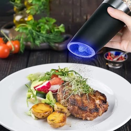 Cohpoh Electric Salt and Pepper Grinder Set, Gravity Sensor, Automatic Pepper Mill, One Hand Operation, Battery-Operated with Adjustable Coarseness, Blue Led Light (Black 2 Pack) - Image 1