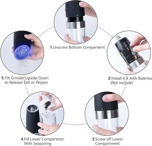 Cohpoh Electric Salt and Pepper Grinder Set, Gravity Sensor, Automatic Pepper Mill, One Hand Operation, Battery-Operated with Adjustable Coarseness, Blue Led Light (Black 2 Pack) - Image 3