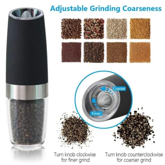 Cohpoh Electric Salt and Pepper Grinder Set, Gravity Sensor, Automatic Pepper Mill, One Hand Operation, Battery-Operated with Adjustable Coarseness, Blue Led Light (Black 2 Pack) - Image 2