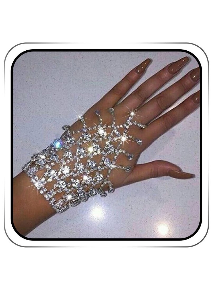 Generic 1 pcs Rhinestone Ring Bracelets Crystal Hand Chain Silver Finger Ring Bracelet Sparkly Full Hand Harness  Jewelry Accessories  - Image 1