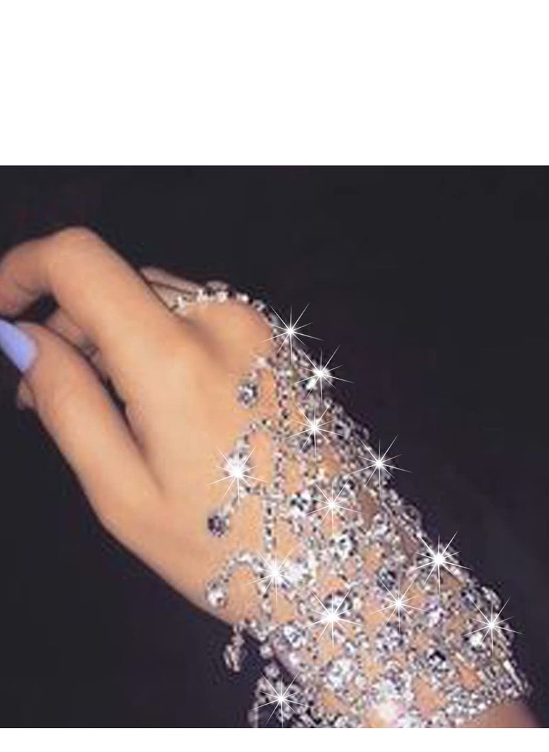 Generic 1 pcs Rhinestone Ring Bracelets Crystal Hand Chain Silver Finger Ring Bracelet Sparkly Full Hand Harness  Jewelry Accessories  - Image 5