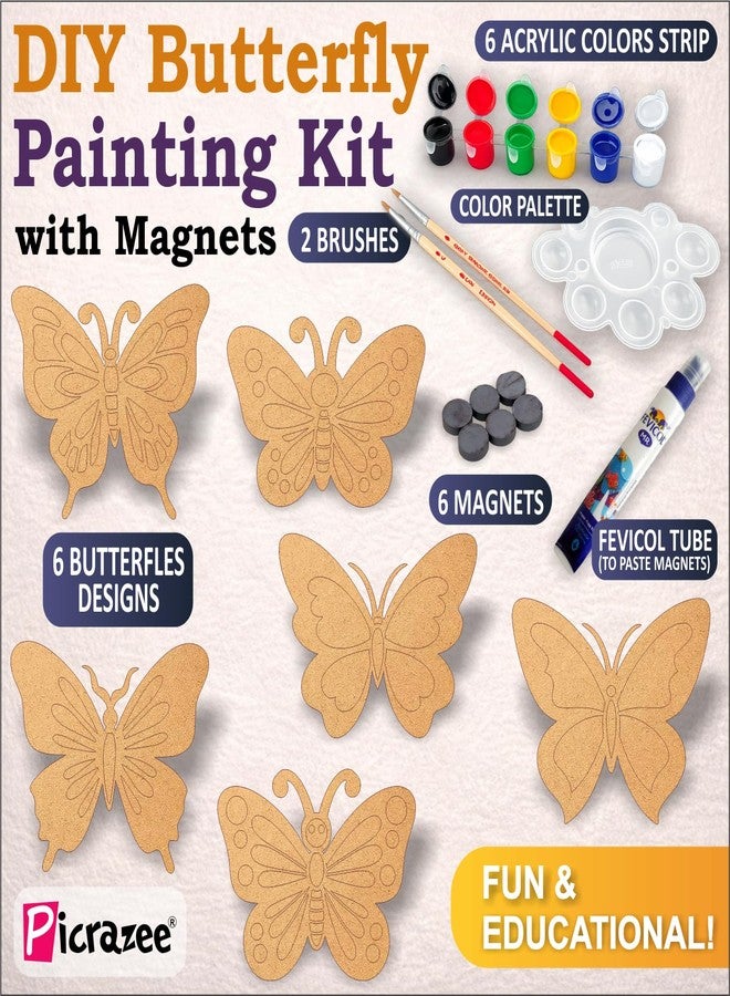 PICRAZEE مجموعة رسم الفراشات للأطفال من PICRAZEE | 6 قطع فراشات من خشب الصنوبر MDF (سمك 5.5 مم) مع ألوان أكريليك وفرش ولوحة ألوان ومغناطيس | لعبة فنية وحرفية خشبية إبداعية - Image 2