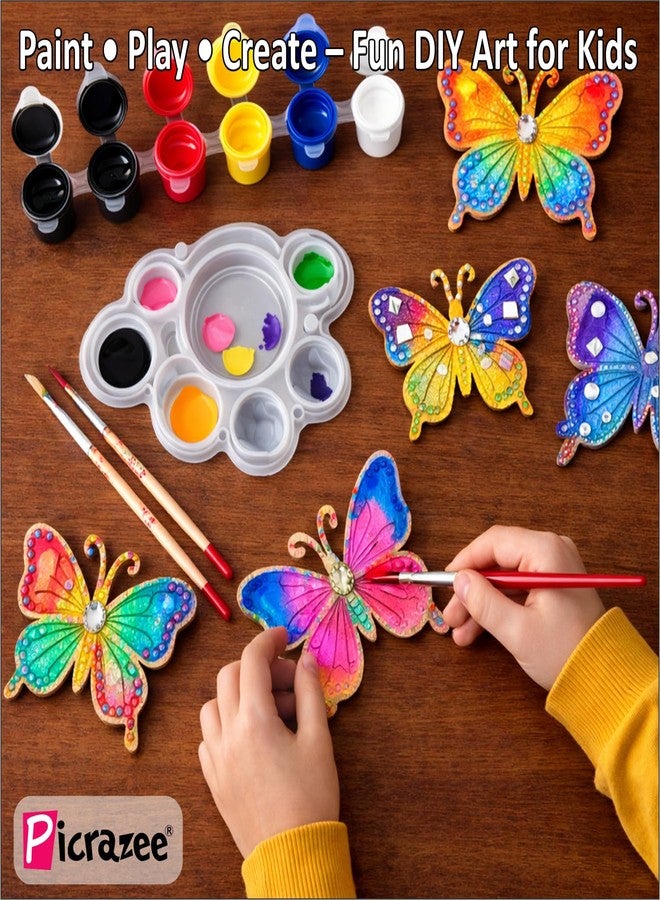 PICRAZEE مجموعة رسم الفراشات للأطفال من PICRAZEE | 6 قطع فراشات من خشب الصنوبر MDF (سمك 5.5 مم) مع ألوان أكريليك وفرش ولوحة ألوان ومغناطيس | لعبة فنية وحرفية خشبية إبداعية - Image 3