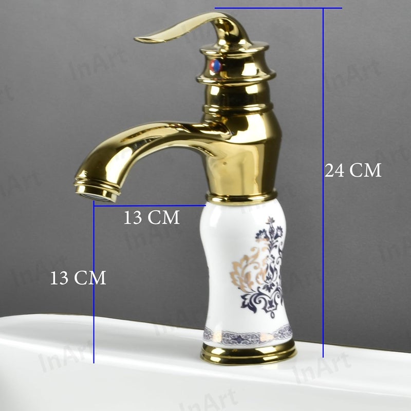 InArt Gold White Finish Basin Pillar Cock Tap Faucet for Wash Basin, Hot & Cold Water Mixer, Single Handle, Waterfall Design, Table Mount/Deck Mount (Gold White 2) - Image 2