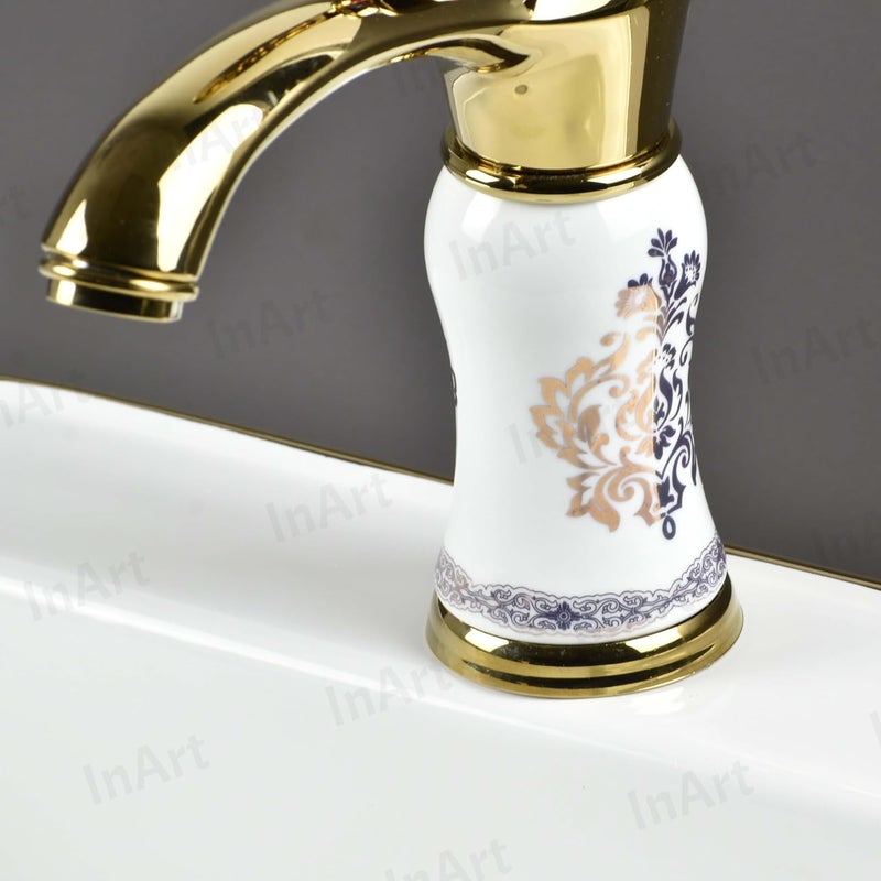 InArt Gold White Finish Basin Pillar Cock Tap Faucet for Wash Basin, Hot & Cold Water Mixer, Single Handle, Waterfall Design, Table Mount/Deck Mount (Gold White 2) - Image 3