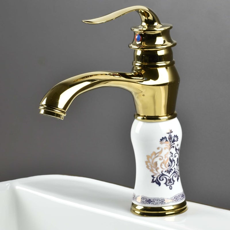 InArt Gold White Finish Basin Pillar Cock Tap Faucet for Wash Basin, Hot & Cold Water Mixer, Single Handle, Waterfall Design, Table Mount/Deck Mount (Gold White 2) - Image 1