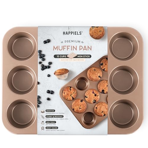 HAPPIELS Non Toxic Nonstick 12 Cup Muffin Pan  PFOA BPA free Nontoxic Cupcake Tin  Best Non Stick Muffin Pans  Muffin tins  Cupcakes Tray  Carbon Steel Bakeware Mold Trays