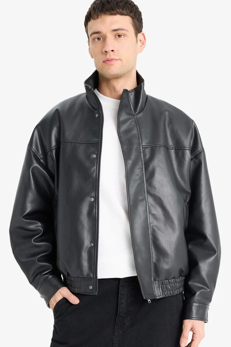 ديفاكتو Waterproof Oversize Fit Standing Collar Faux Leather Jacket