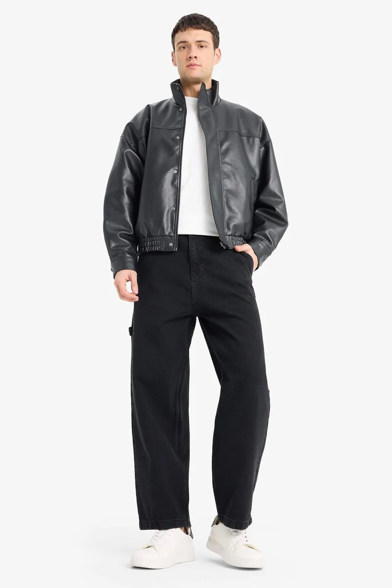 ديفاكتو Waterproof Oversize Fit Standing Collar Faux Leather Jacket